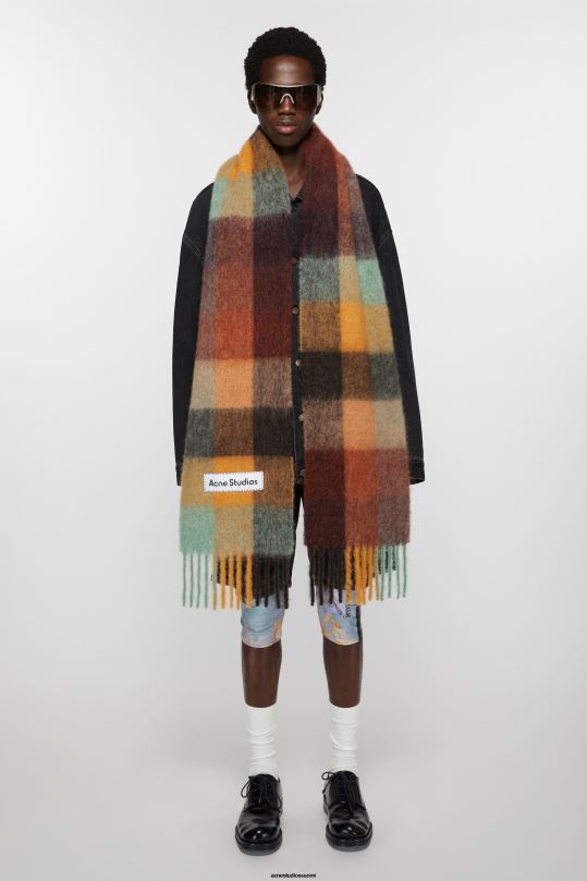 Acne Studios Lisätarvikkeet kastanjanruskea/keltainen/vihreä 0VF2B623 mohair-ruutuinen huivi