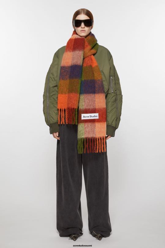 Acne Studios Lisätarvikkeet oranssi/vihreä 0VF2B773 mohair-ruutuinen huivi