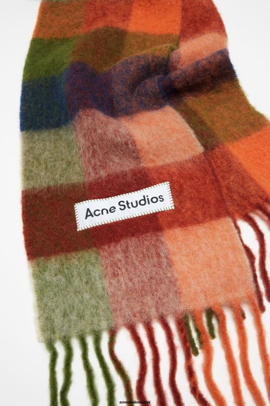 Acne Studios Lisätarvikkeet oranssi/vihreä 0VF2B773 mohair-ruutuinen huivi