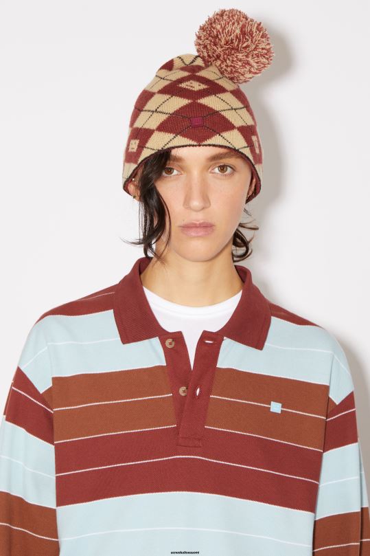 Acne Studios Lisätarvikkeet keksi beige/syvän punainen 0VF2B737 argyle jacquard pipo