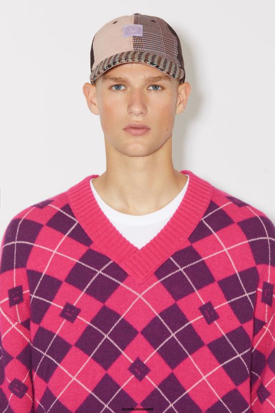 Acne Studios vaatteet kirkkaan vaaleanpunainen/keskivioletti 0VF2B931 argyle jacquard villapusero unisex