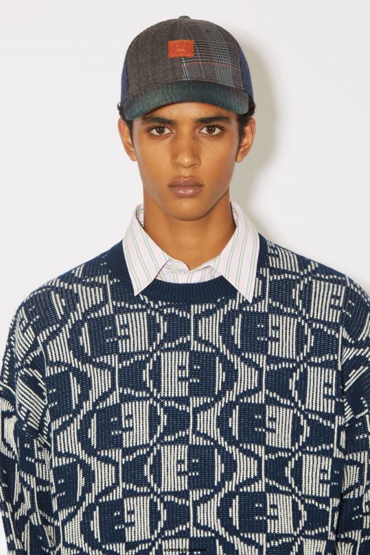 Acne Studios vaatteet laivastonsininen/kaurapuuro-melange 0VF2B932 jacquard-kaula-aukkoinen unisex-neule