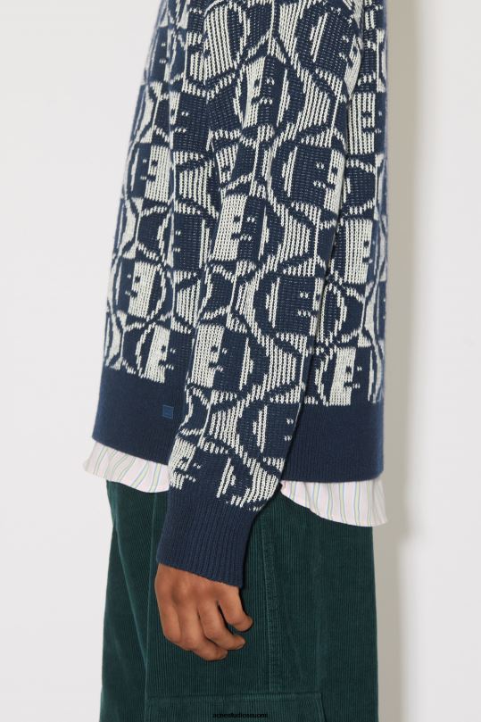 Acne Studios vaatteet laivastonsininen/kaurapuuro-melange 0VF2B932 jacquard-kaula-aukkoinen unisex-neule
