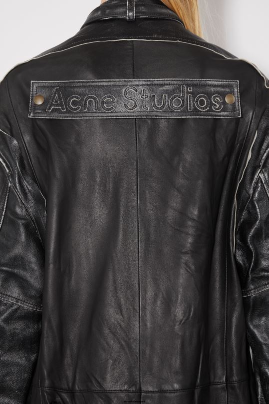 Acne Studios vaatteet musta 0VF2B42 pitkä nahkatakki kiitotien show