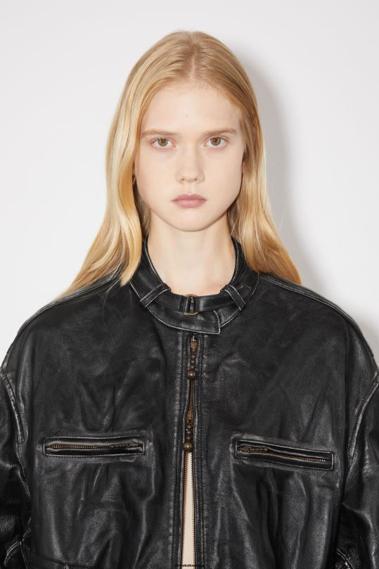 Acne Studios vaatteet musta 0VF2B42 pitkä nahkatakki kiitotien show