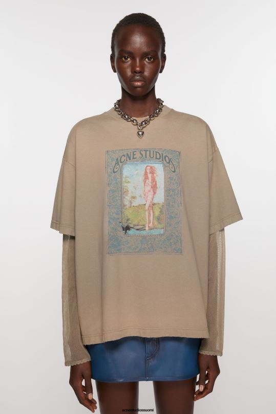 Acne Studios vaatteet mudan ruskea 0VF2B368 kerroksinen printti t-paita
