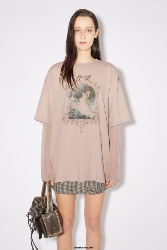 Acne Studios vaatteet pölyinen vaaleanpunainen 0VF2B397 kerroksinen printti t-paita