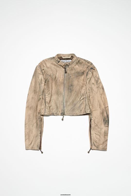 Acne Studios vaatteet beige/vihreä 0VF2B51 maalattu nahka biker takki kiitotien show