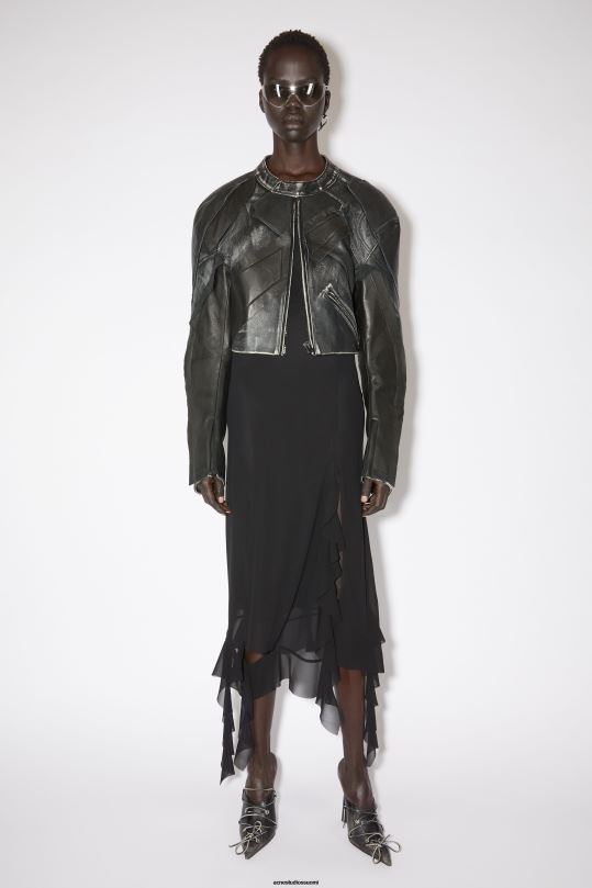 Acne Studios vaatteet musta 0VF2B53 tilkkutäkki nahka biker takki kiitotien show