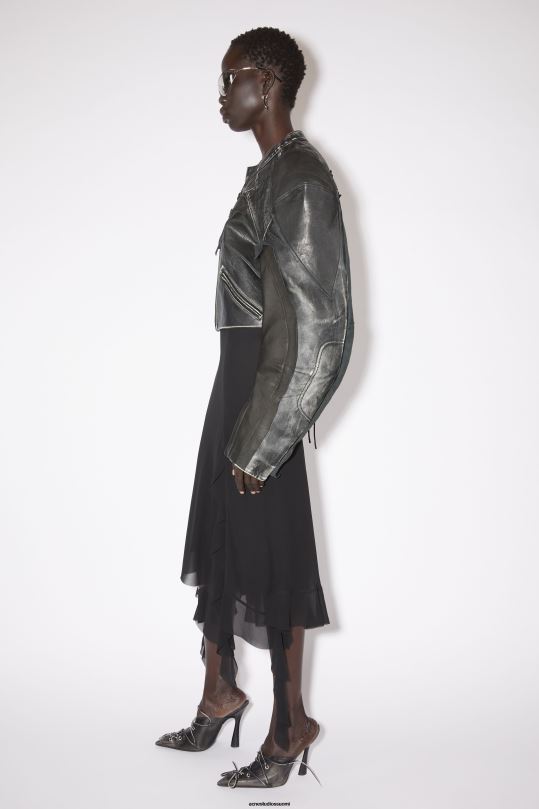 Acne Studios vaatteet musta 0VF2B53 tilkkutäkki nahka biker takki kiitotien show