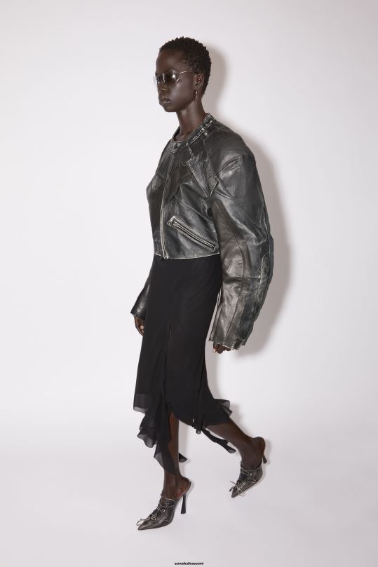 Acne Studios vaatteet musta 0VF2B53 tilkkutäkki nahka biker takki kiitotien show