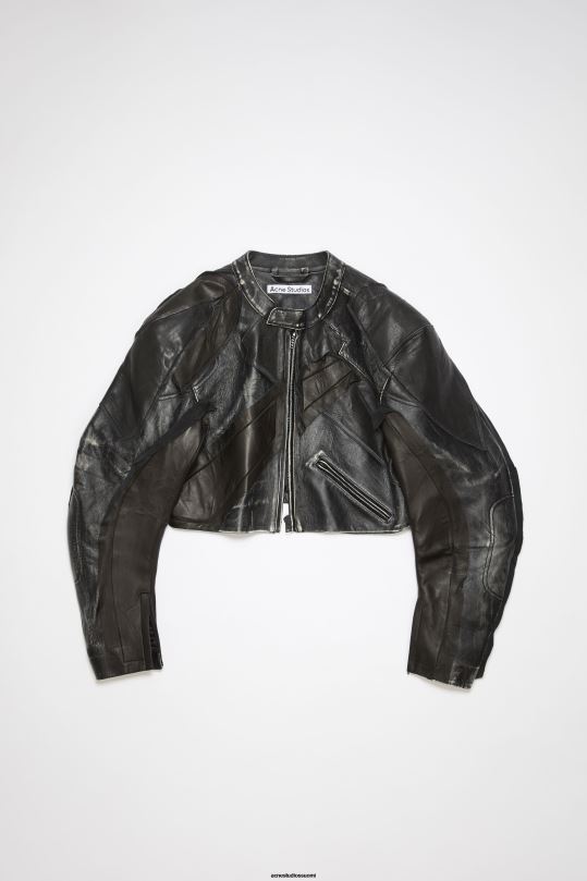 Acne Studios vaatteet musta 0VF2B53 tilkkutäkki nahka biker takki kiitotien show
