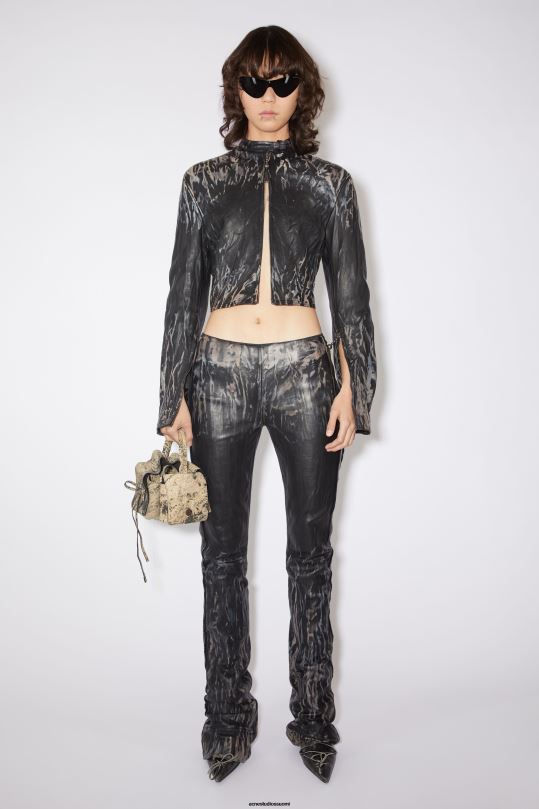 Acne Studios vaatteet musta/beige 0VF2B50 rypytetty nahkainen biker takki kiitotien show