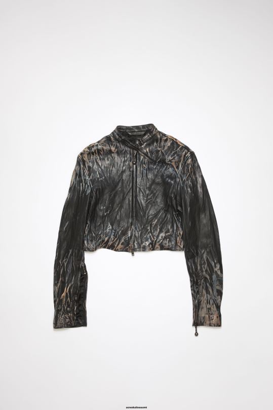 Acne Studios vaatteet musta/beige 0VF2B50 rypytetty nahkainen biker takki kiitotien show